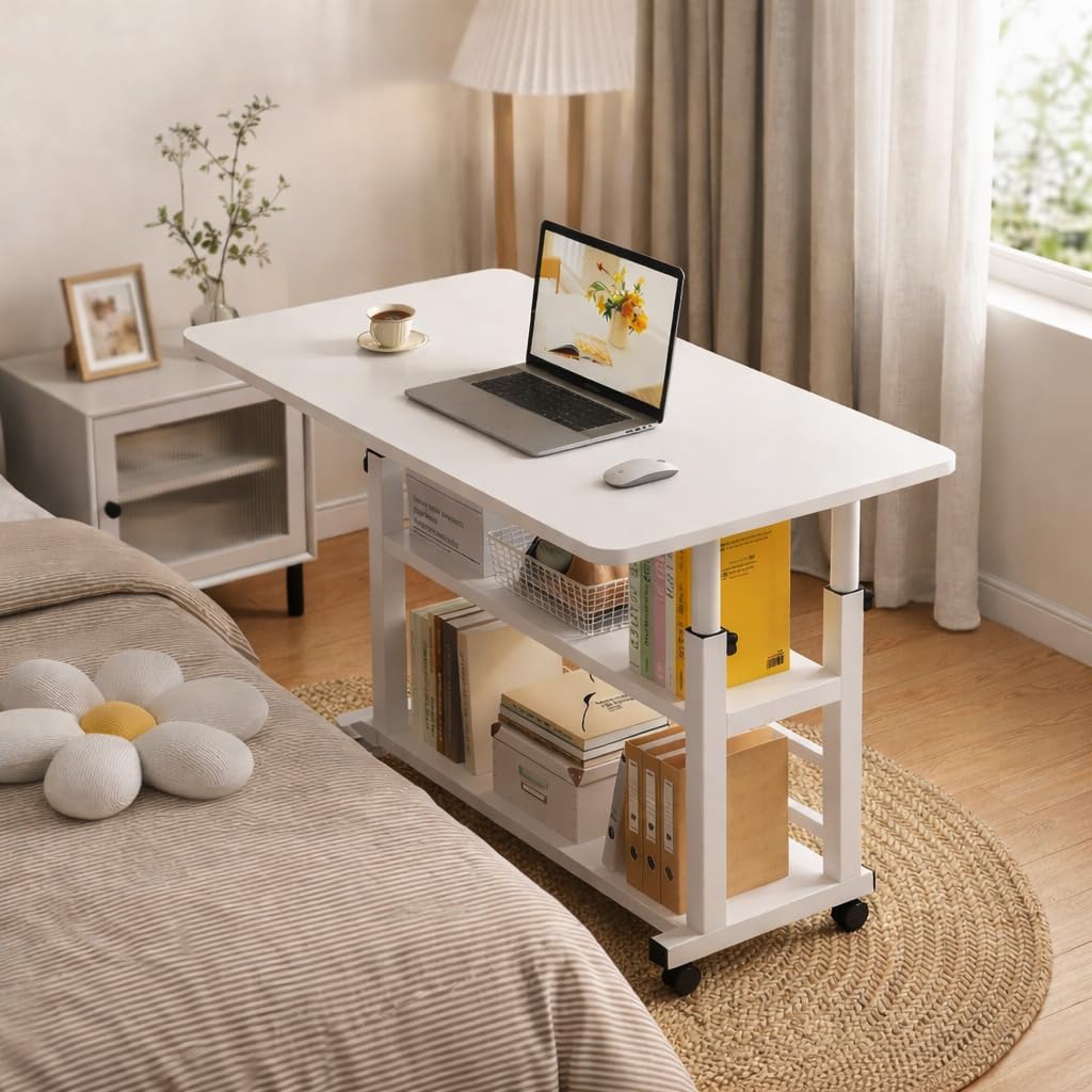 Computer-Schreibtisch, mobil, tragbarer Büroschreibtisch mit beweglichen Rädern, höhenverstellbarer Schreibtisch, Büro-Schreibtisch für Studenten und Arbeiter, 80x40x60–90 cm (weiß)