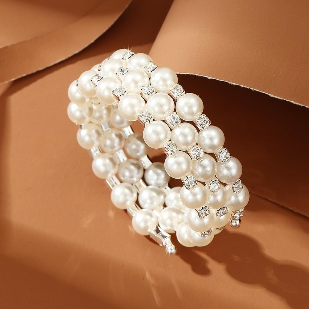 Glitter Rhinestone Pearl Beaded Wrap Open Bracelets for Women Charm Layered Pearl Adjustable Open Bangle Bracelets Dainty Wedding Jewelry Gifts - Image 6