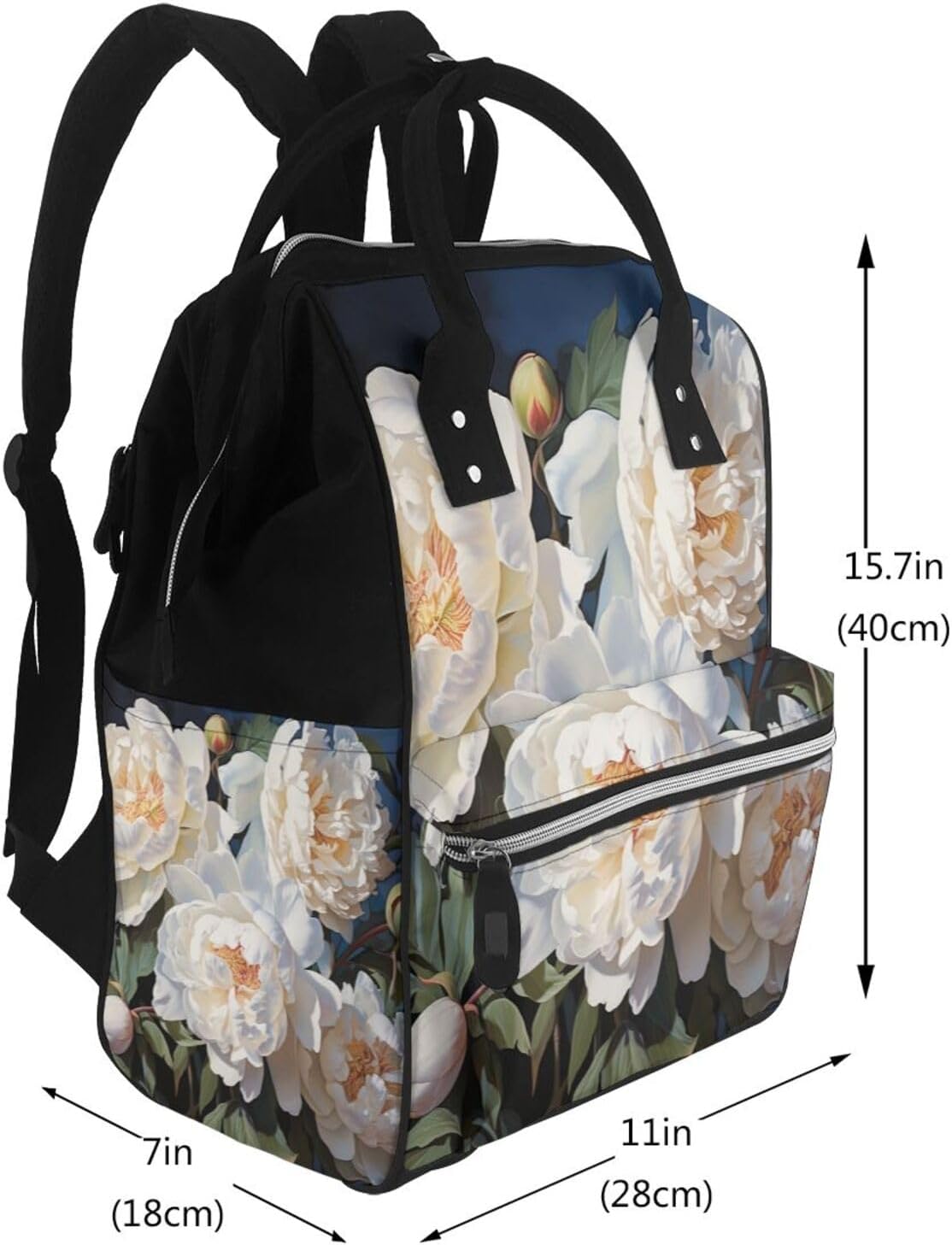 White peony Diaper Bag with Changing Pad, Pacifier Holder - Multifunction Travel Nappy Bags Large Capacity Laptop Backpack Waterproof Mommy Bag Casual Daypack for Mom image 2