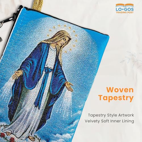 Image of Catholic Rosary Pouch, 4 inch x 6 inch Jewelry & Coin Purse with Cross, Small Woven Tapestry Icon Bag, Bolsa de Rosario Catolico para Joyeria, Our Lady of Grace & Miraculous Medal Symbol, 4 inch x 6 inch