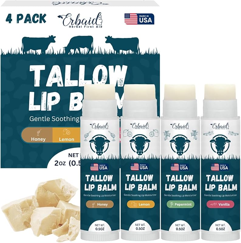 Bálsamo labial Erbaid com sebo bovino e cera de abelha, sabores mel, limão, hortelã-pimenta e baunilha