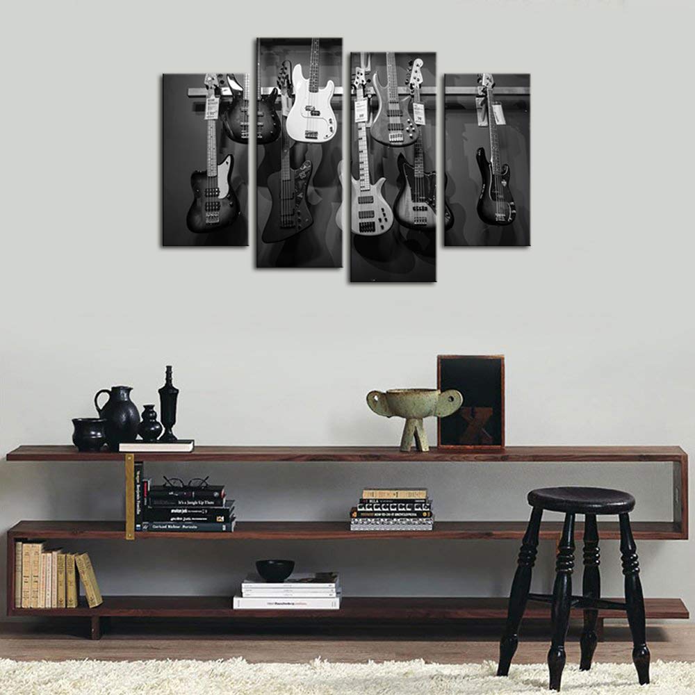 Artsbay Stampa su tela artistica da parete in bianco e nero per chitarra su tela moderna strumenti musicali poster per ufficio camera da letto ragazzo decorazione allungata pronta da appendere, grande