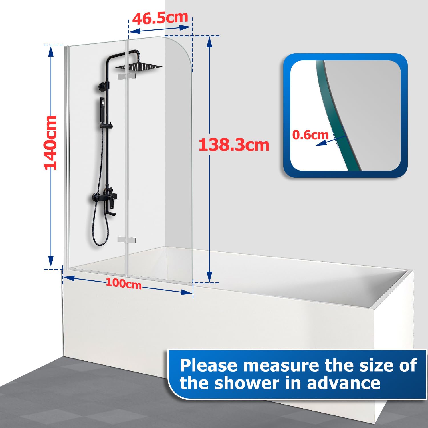 Mampara de ducha para bañera, 100 x 140 cm, 2 piezas, plegable, de cristal de seguridad (EGS), de alta calidad y resistente, color plateado transparente