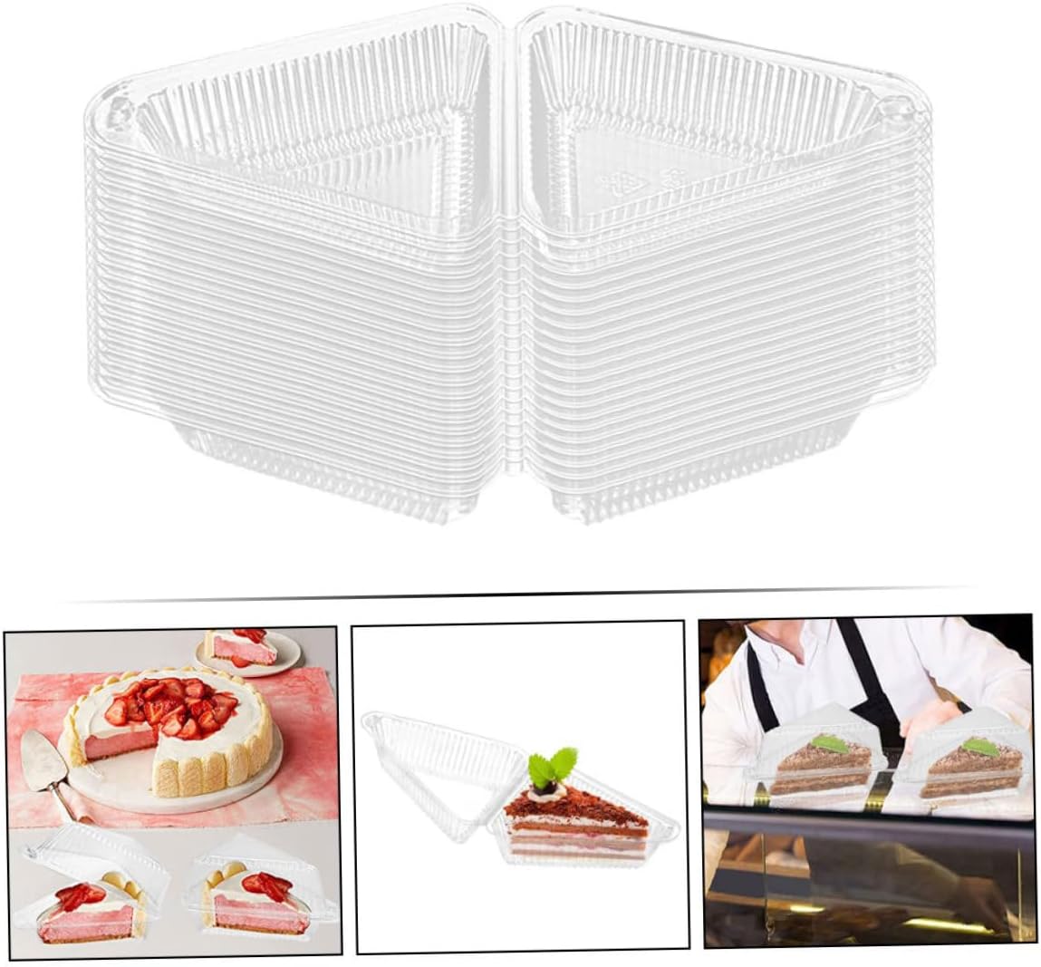 OUNONA 50pcs Clear Plastic Triangle Cake Containers with Lids Food Grade Cheesecake Storage Boxes for Desserts Mousse Cookies and Sandwiches and Portable Food Storage Containers for
