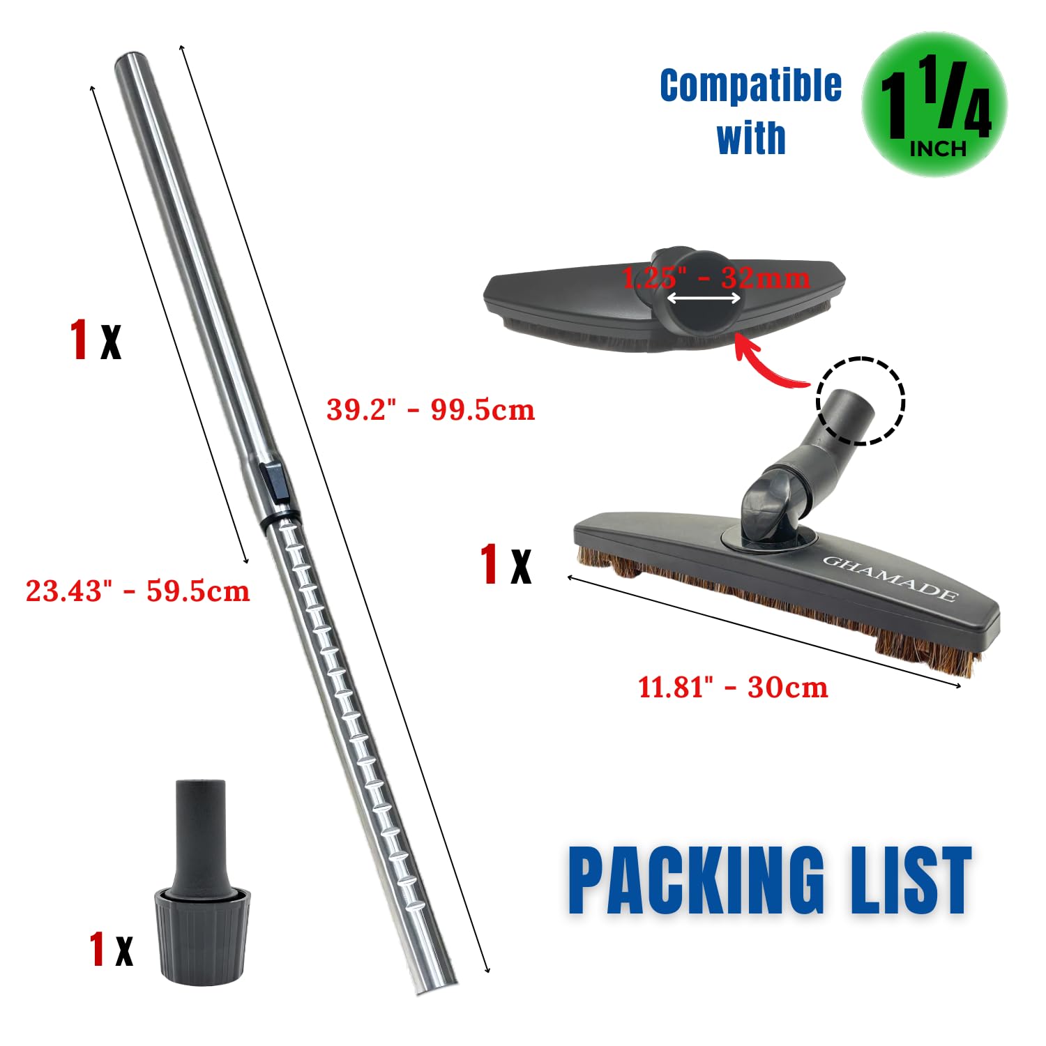 Cepillo de piso al vacío y varita telescópica con conexión de 32 mm y adaptador de 1-3/8 pulgadas a 1-1/4 pulgadas | Funciona en alfombras bajas y todos los suelos | Accesorio de piso de madera dura
