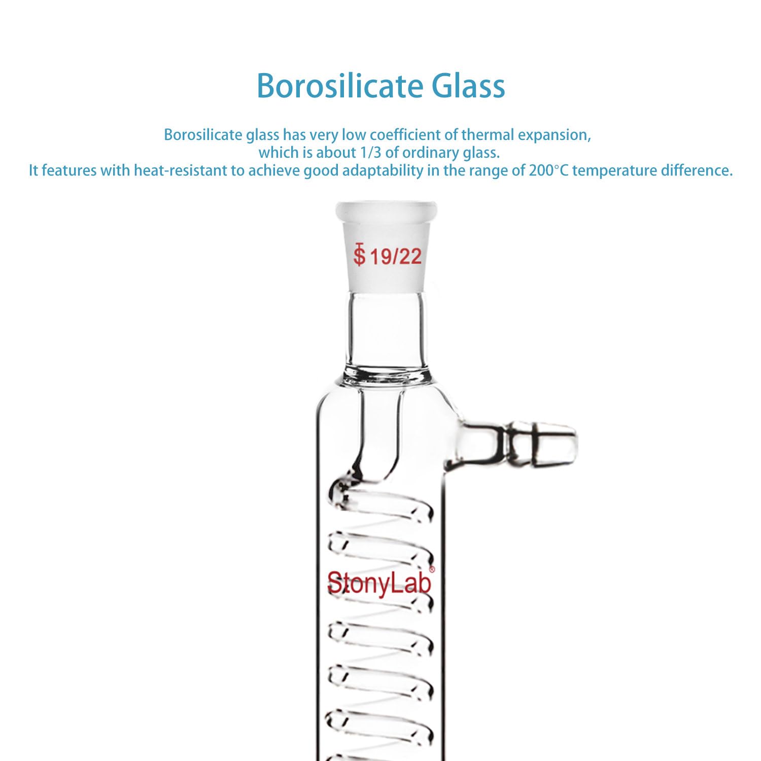 stonylab Condensatore Graham in Vetro con Giunto 19/22, Lunghezza del Guscio 200 mm, Condensatore in Vetro Borosilicato per Laboratorio