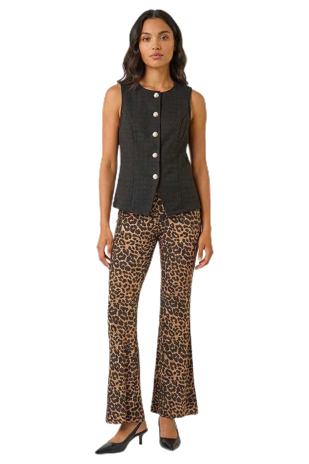 Roman Women's Natural Animal Print Flare Stretch Trouser In | Size: 14