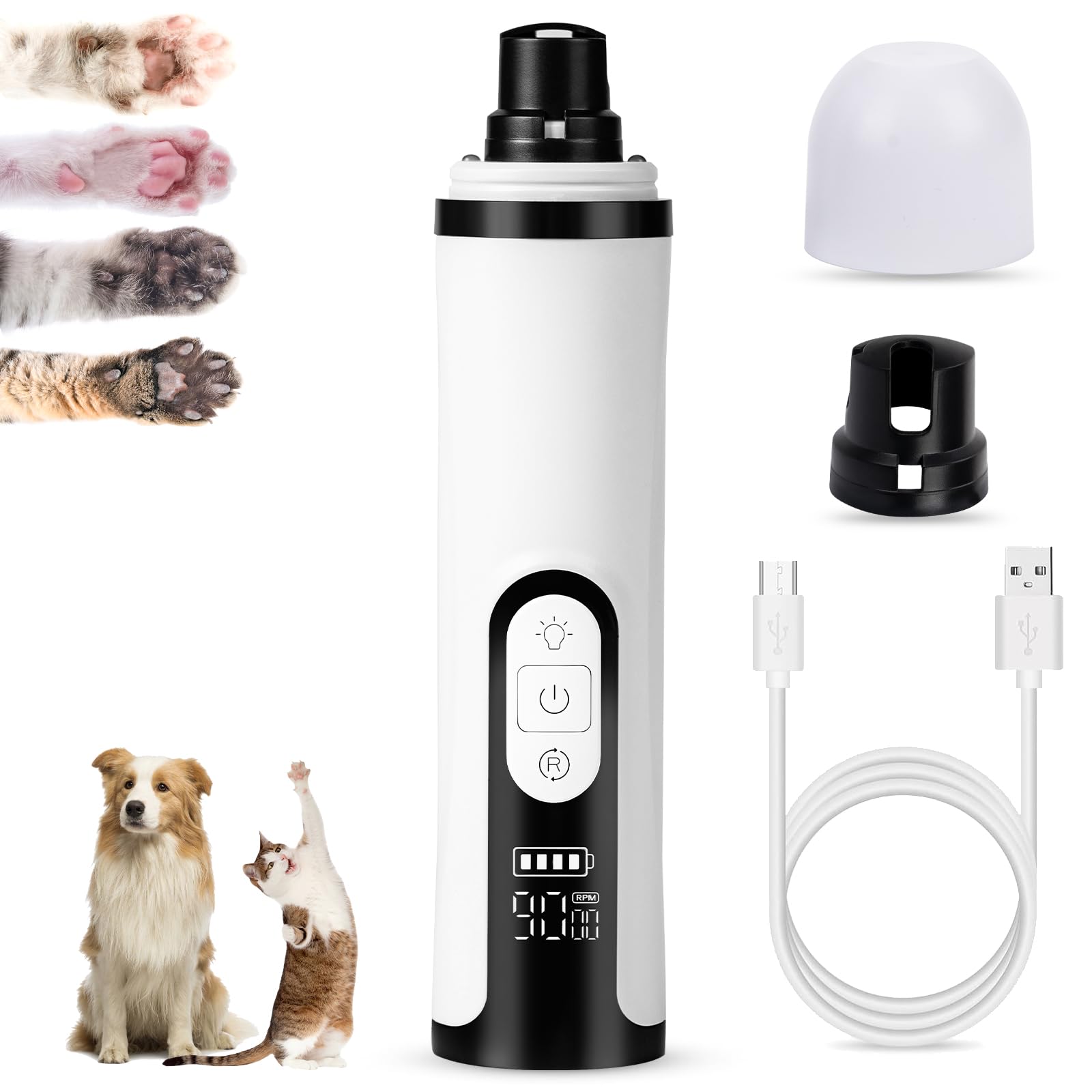 Pet Nail Grinder for Dogs and Cats - Super Quiet and Low Vibration Electric Dog Nail Grinder with 2 LED Lights - USB Rechargeable and Cordless - 3 Speeds - Small to Large Pets (White)
