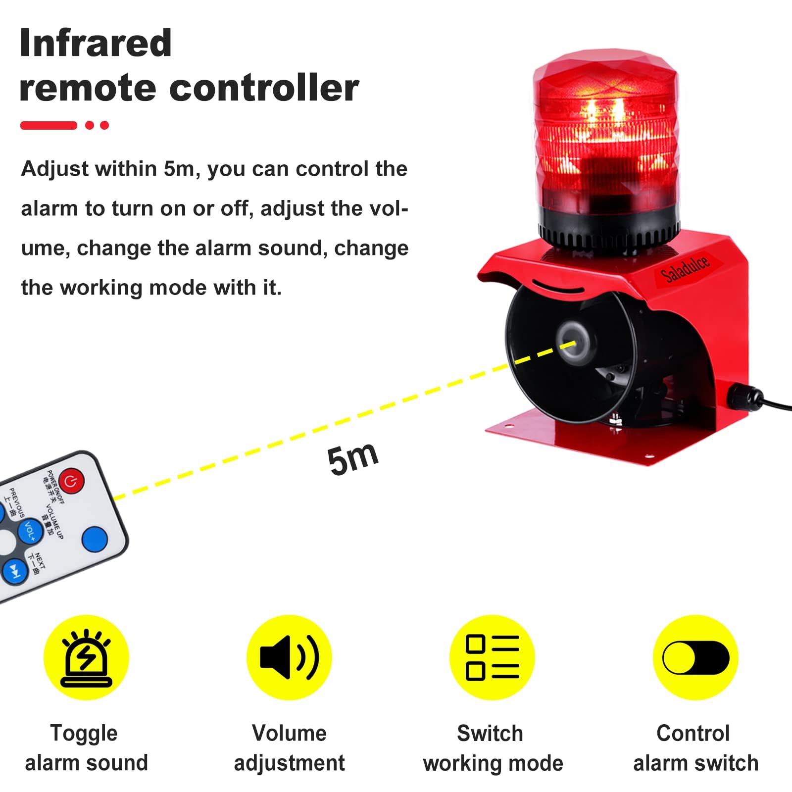 Alarma de Sirena Industrial de 120db, Volumen y Tono Ajustable IP65 Alarma de Sonido y luz al Aire Libre con Control Remoto DC12V-24V