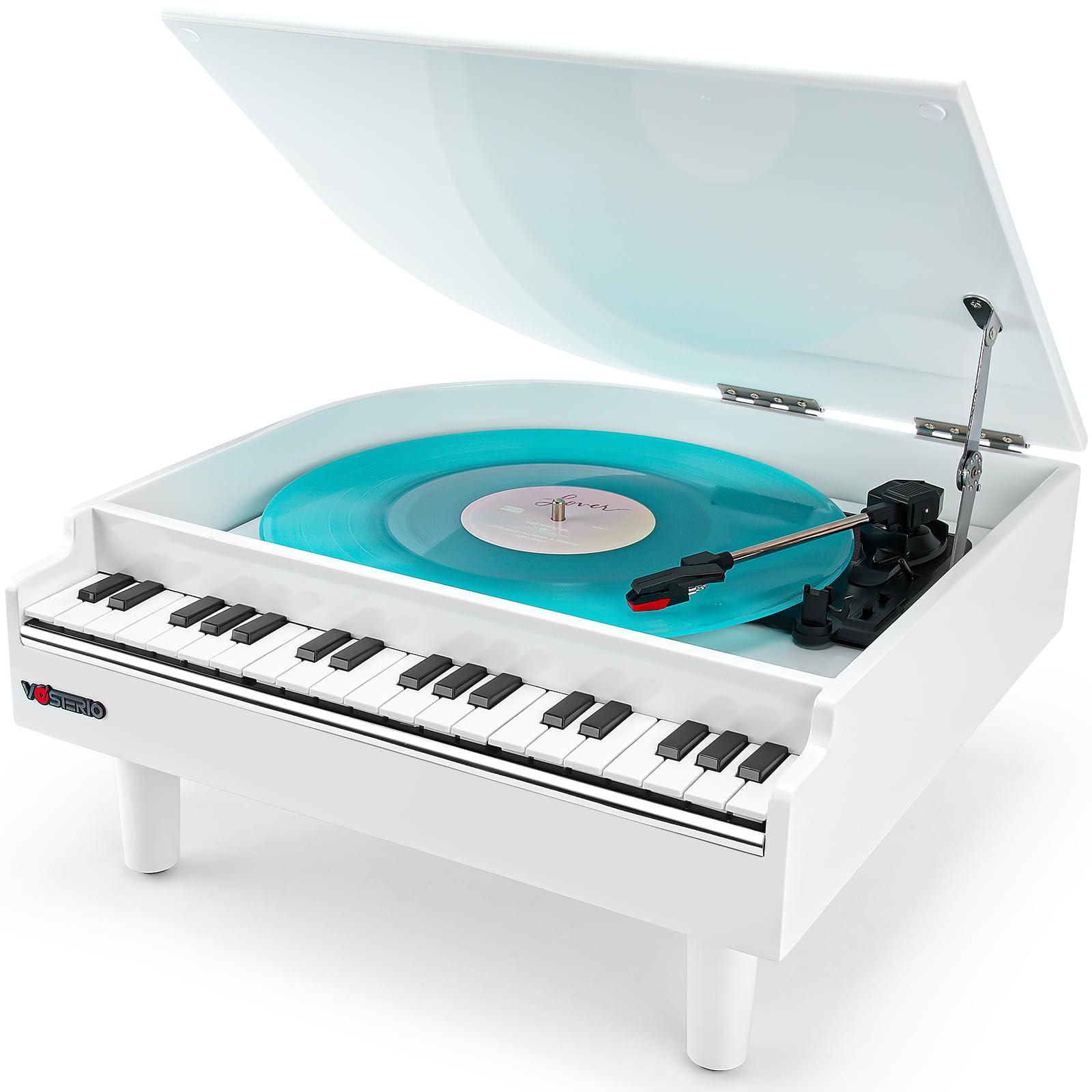 Vosterio Tourne-disque vinyle à 3 vitesses avec haut-parleurs stéréo intégrés, tourne-disque avec fonction de réception Bluetooth et sortie Bluetooth, lecteur USB, vinyle vers MP3, blanc