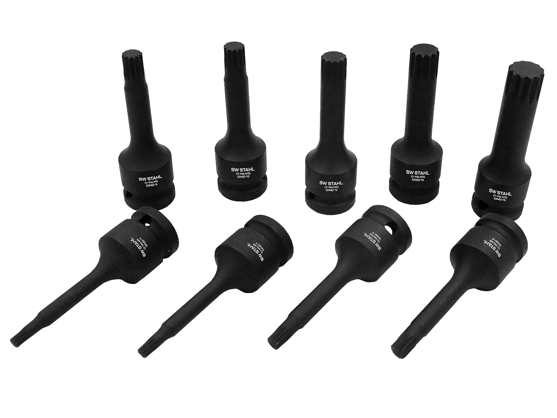 SW-Stahl S5482 Zestaw Nasadek Impact XZN, 9 Części, Stal Cr-Mo, 1/2" | Wielozębowe klucze nasadowe do wkrętaków udarowych, profil wielowypustowy, wytrzymała stal chromowo-molibdenowa