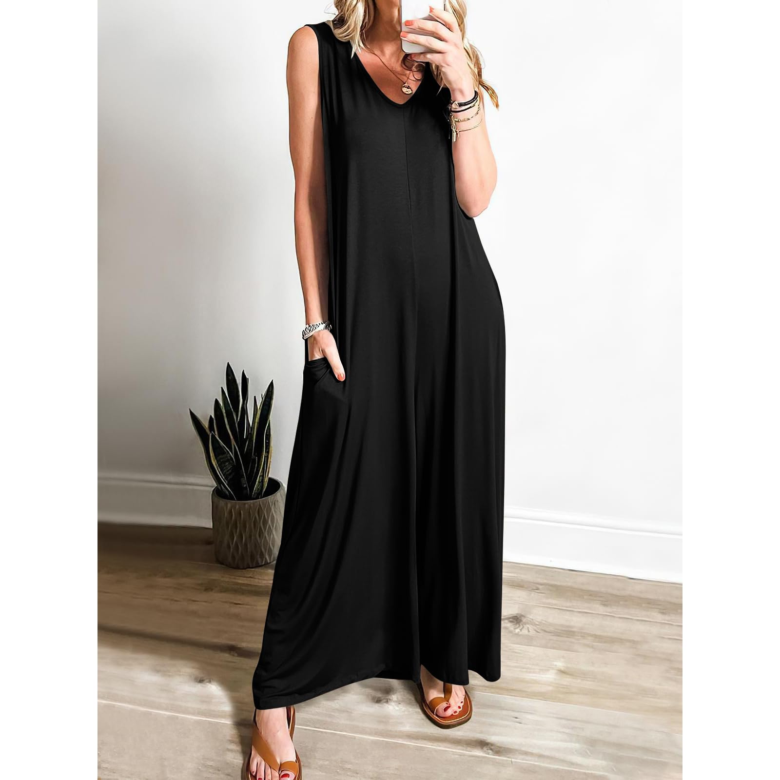 Mono Mujer Jumpsuit Sin Mangas Largo Pierna Ancha Pantalón Rompers Verano Tirantes Anchos Overol Cuello en V