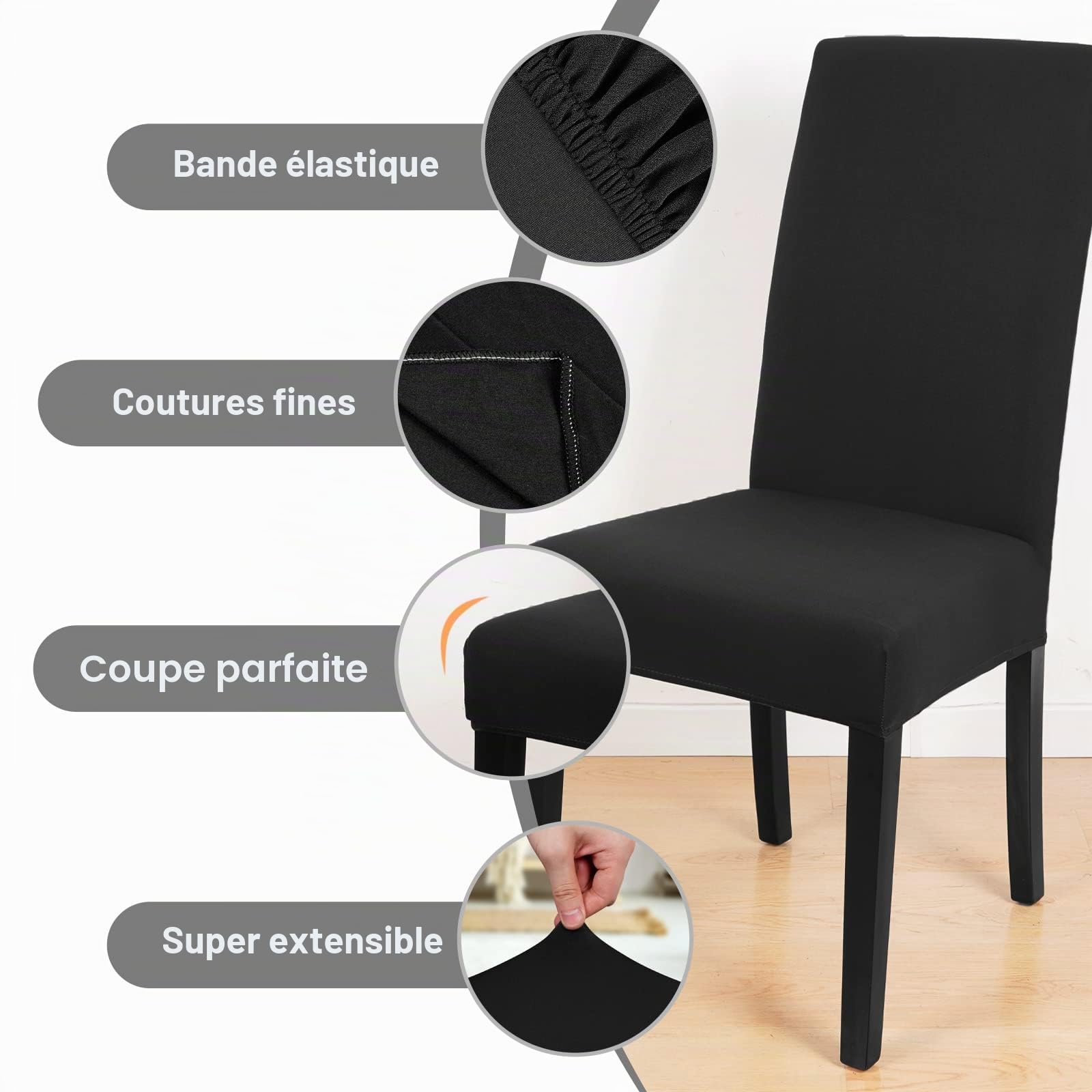 Yugarlibi Lot de 6 housses de chaise extensibles pour chaise basculante - Amovible et lavable - Protection pour cuisine, restaurant, hôtel, banquet, mariage (noir, 6 pièces)