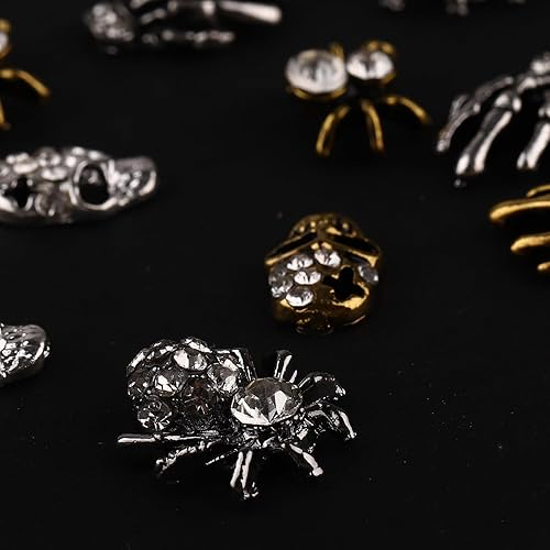 Miniatura 7 de Dijes para uñas de Halloween, diseño de calavera terrorista, gemas de uñas de esqueleto de aleación de lujo 3D, joyería de uñas de araña plateada y