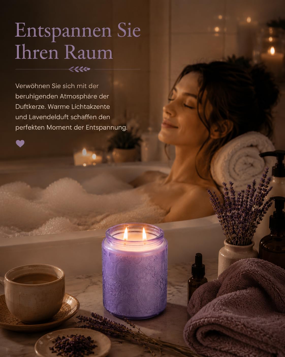 Lavendel Duftkerze im Glas – Duftkerze aus Sojawachs mit Doppeldocht, ca. 50 Std. Brenndauer, handgegossen, sanfter Lavendel Kräuter-Holzduft für Zuhause, Entspannung & als Geschenkide