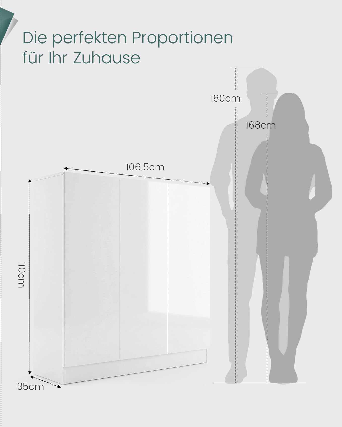 Schuhschrank Hochglanz 3 Türen (107x35x110 cm), Moderner Flurschrank Mehrzweckschrank mit Verstellbaren Einlegeböden, Grifflos Kommode für Flur Wohnzimmer, Großer Stauraum, Weiß