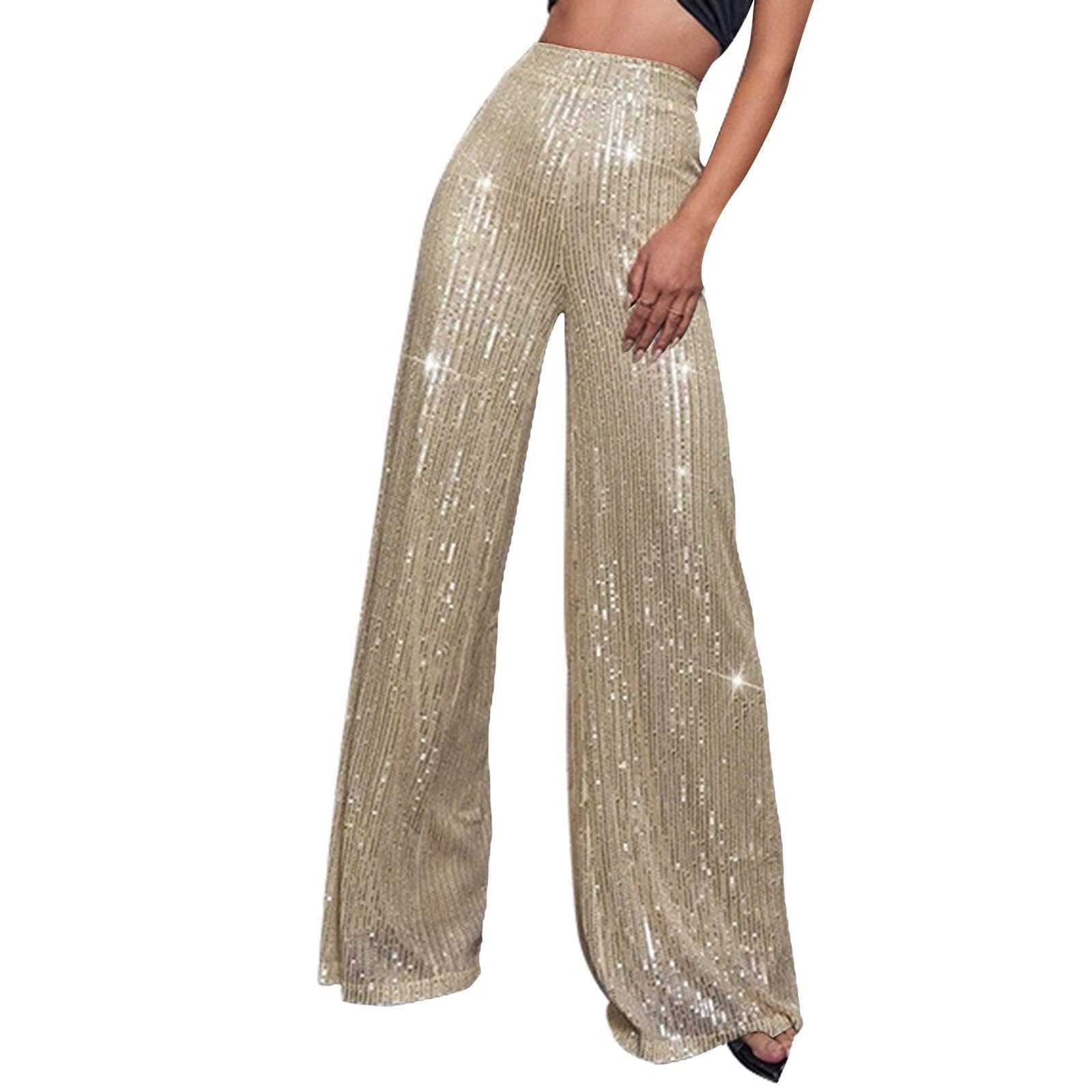 Generisch , Pantaloni casual con paillettes scintillanti, vita alta, gamba larga, pantaloni a zampa, pantaloni a zampa, abbigliamento da discoteca