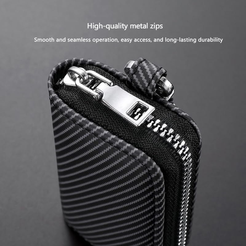 Étui Clé Voiture pour Ford Mustang Mach-E avec Fermeture Éclair Housse Protection Clé Simili Cuir Aspect Carbone Pochette Sacoche avec Mousqueton Métallique Anti Rayure