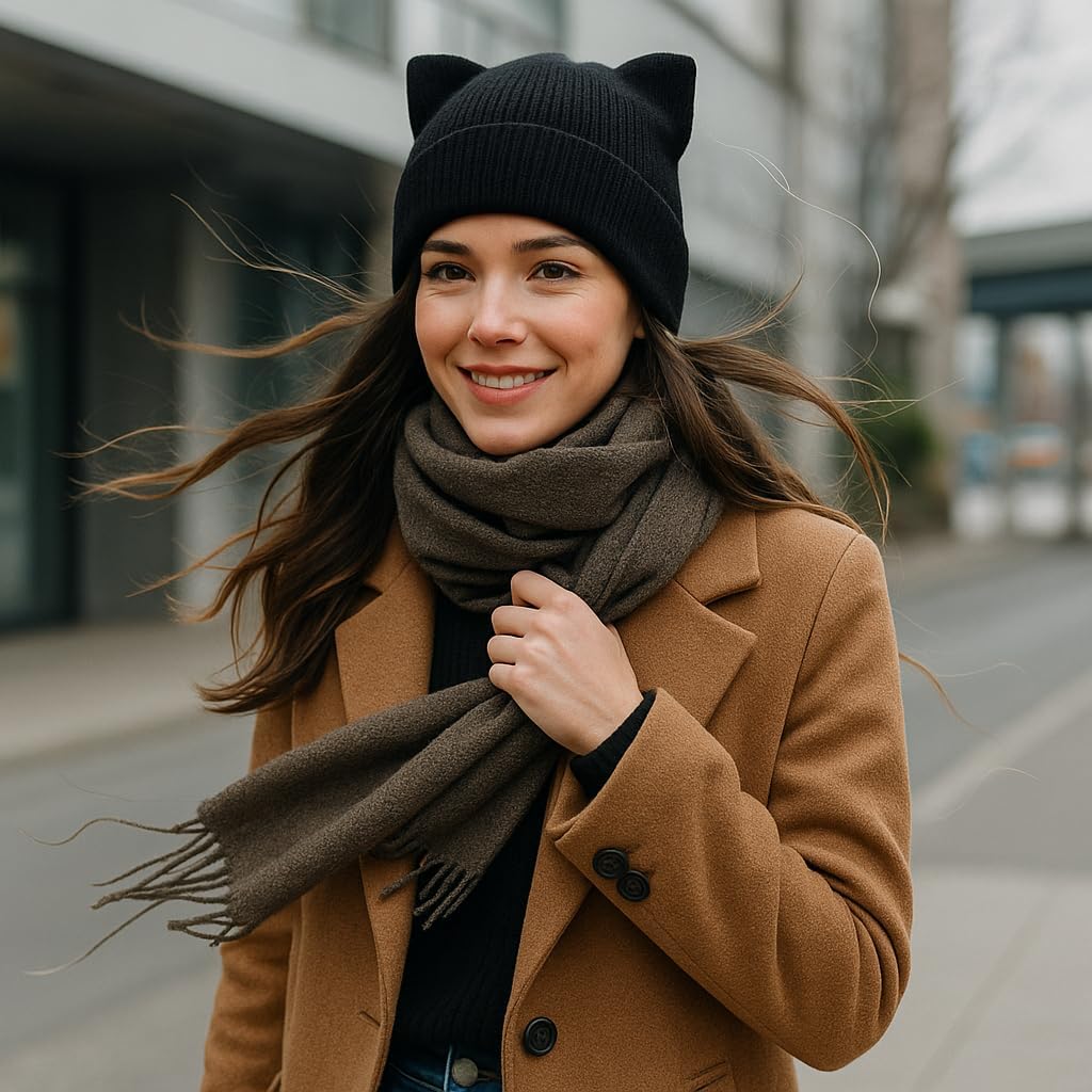 Cat Ear Beanie for Women Girls, Autumn Winter Knit Cuff Beanie Hip Hop Beanie Hat Cat Crochet Ski Cap - Image 6