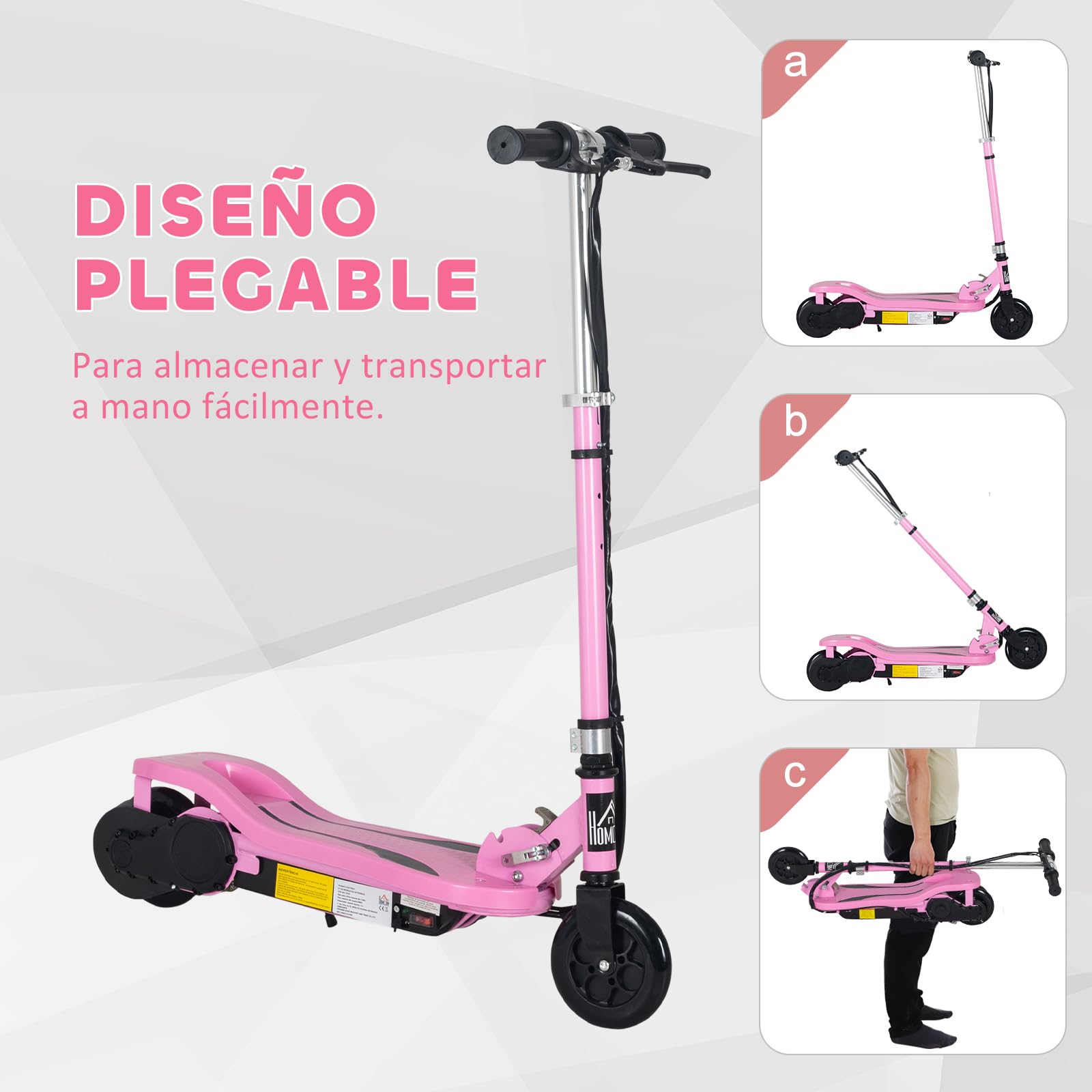 HOMCOM Patinete Eléctrico Plegable para Niños de 7-14 Años, Patinete Eléctrico con Velocidad MAX. 12 km/h, Alcance de 8 km, Altura Ajustable, Freno de Mano