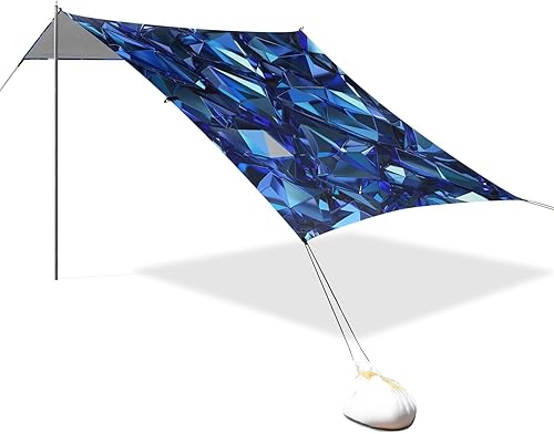 Miniatura 2 de Cabaña de playa con patrón de cristal azul eléctrico de polígono irregular, UPF50, parasol ligero y grande con postes resistentes, sacos de arena y