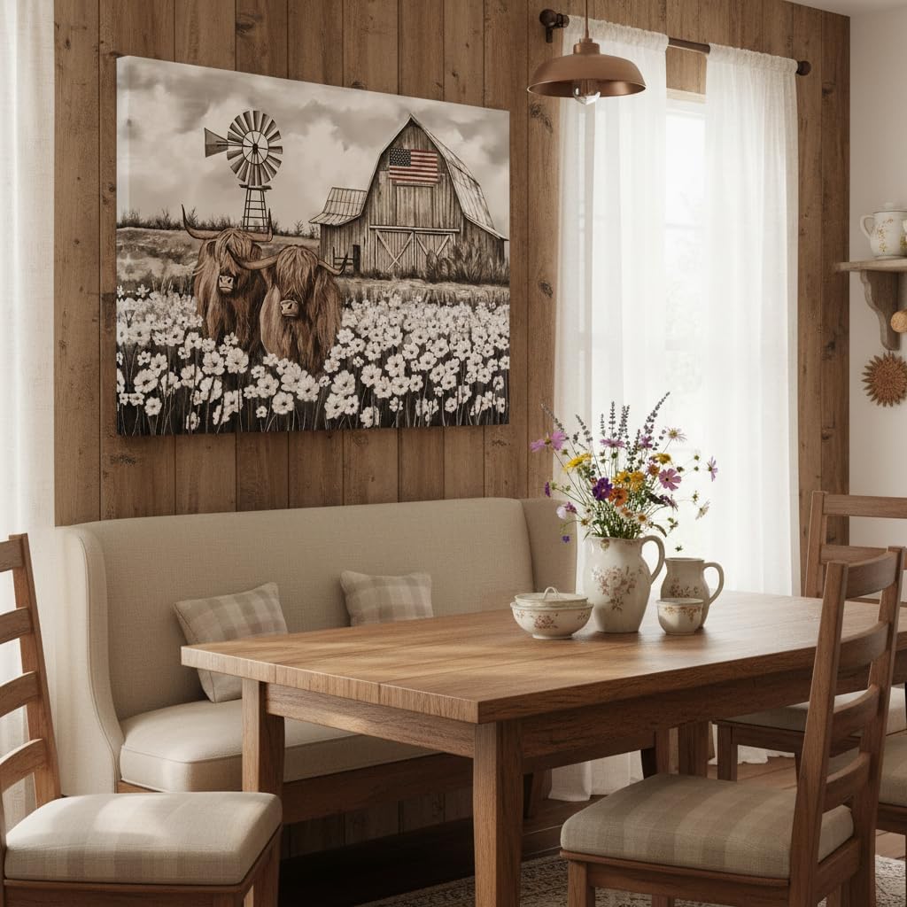 OuElegent Barns Wall Art Farmhouse Canvas Highland Cow Pictures Wall Decor To Hang For Living Room Wall Decoration (24''x36'')