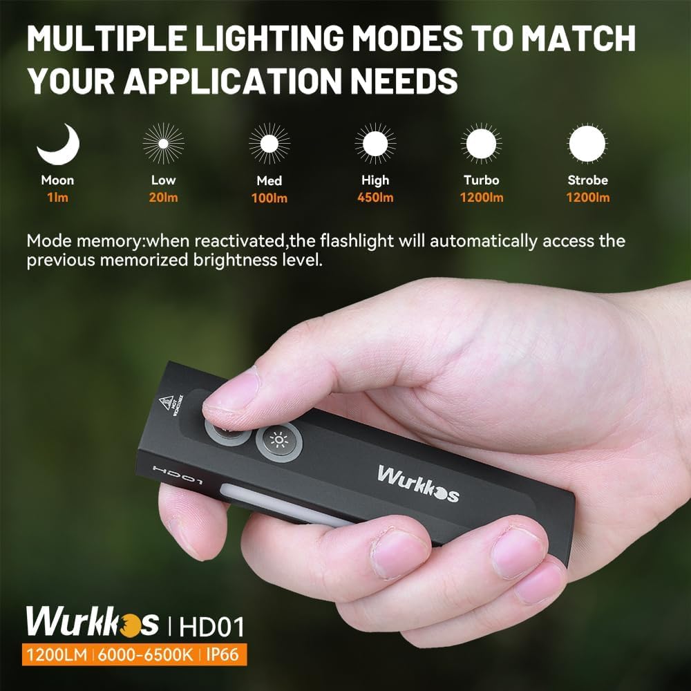 Wurkkos HD01 z akumulatorem, zielone światło, główna dioda LED do światła białego z bocznym światłem RGB, latarka przenośna o mocy 1200 lumenów z magnesem (Czarny-HD01)