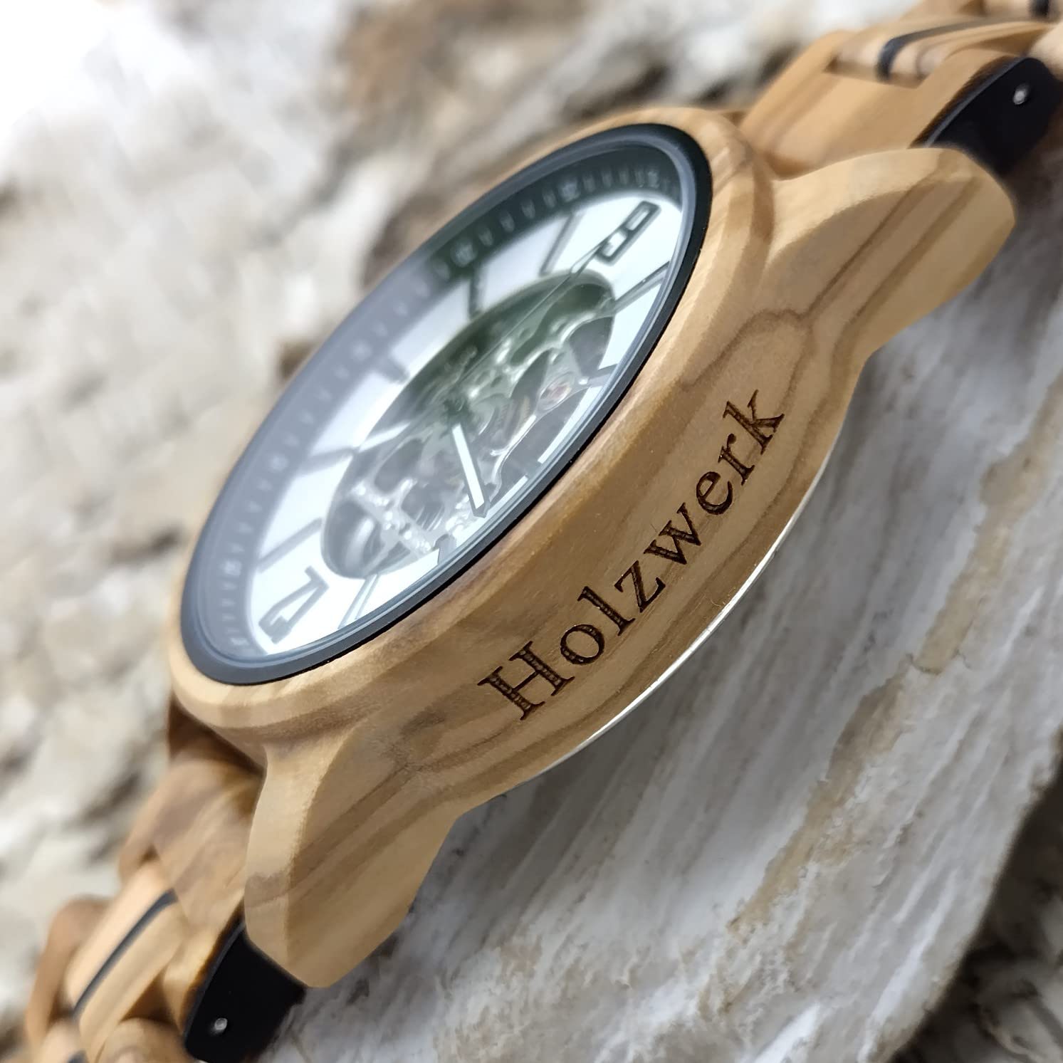 Holzwerk Germany Handgefertigte Automatik Herren-Uhr Öko Natur Holz-Uhr Holz Armband-Uhr Braun Blau Silber Analog
