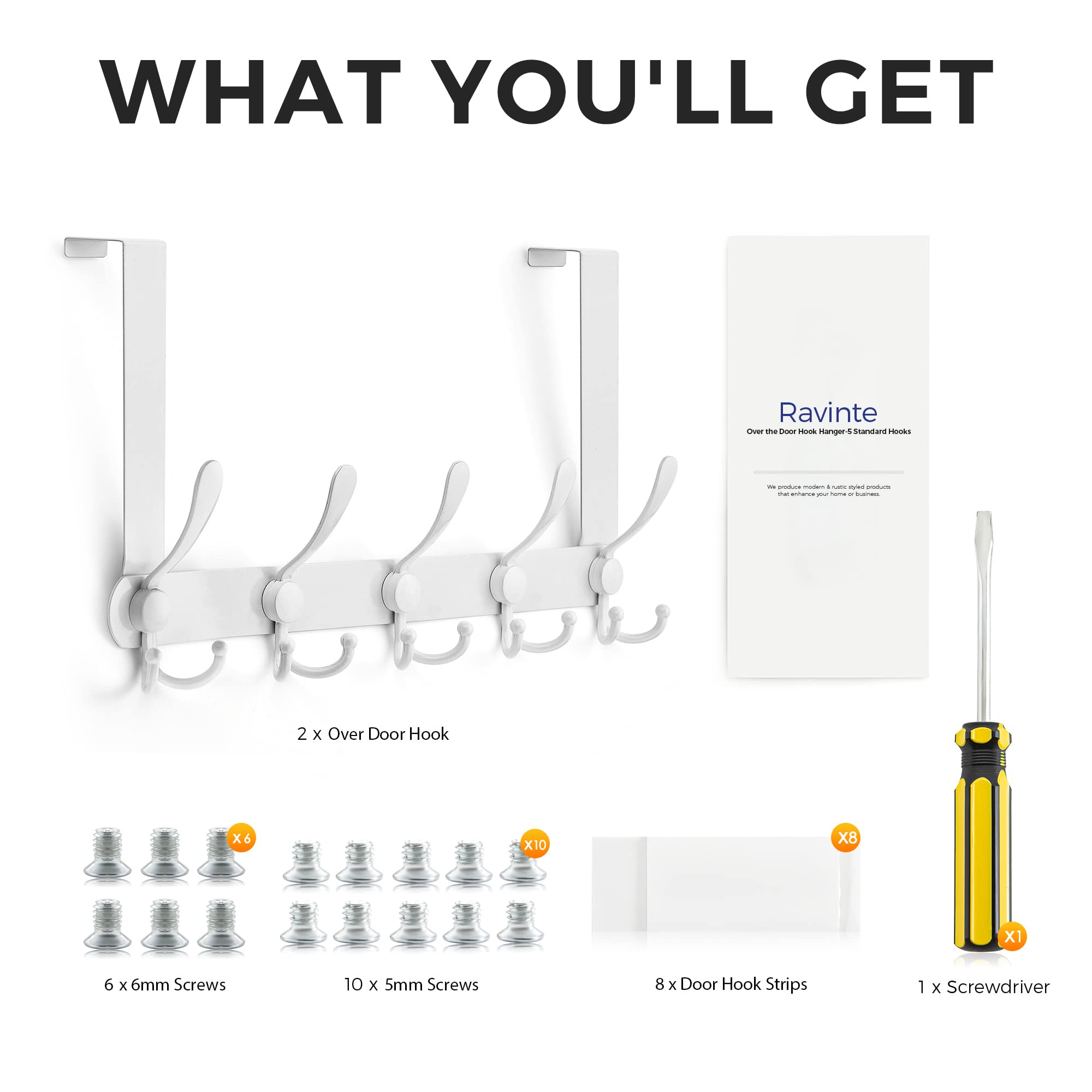 Ravinte Over The Door Hooks, 1 Pack Over The Door Hanger with 5 Coat Hooks for Hanging Clothes, Over The Door Towel Racks for Bathroom Heavy Duty, White