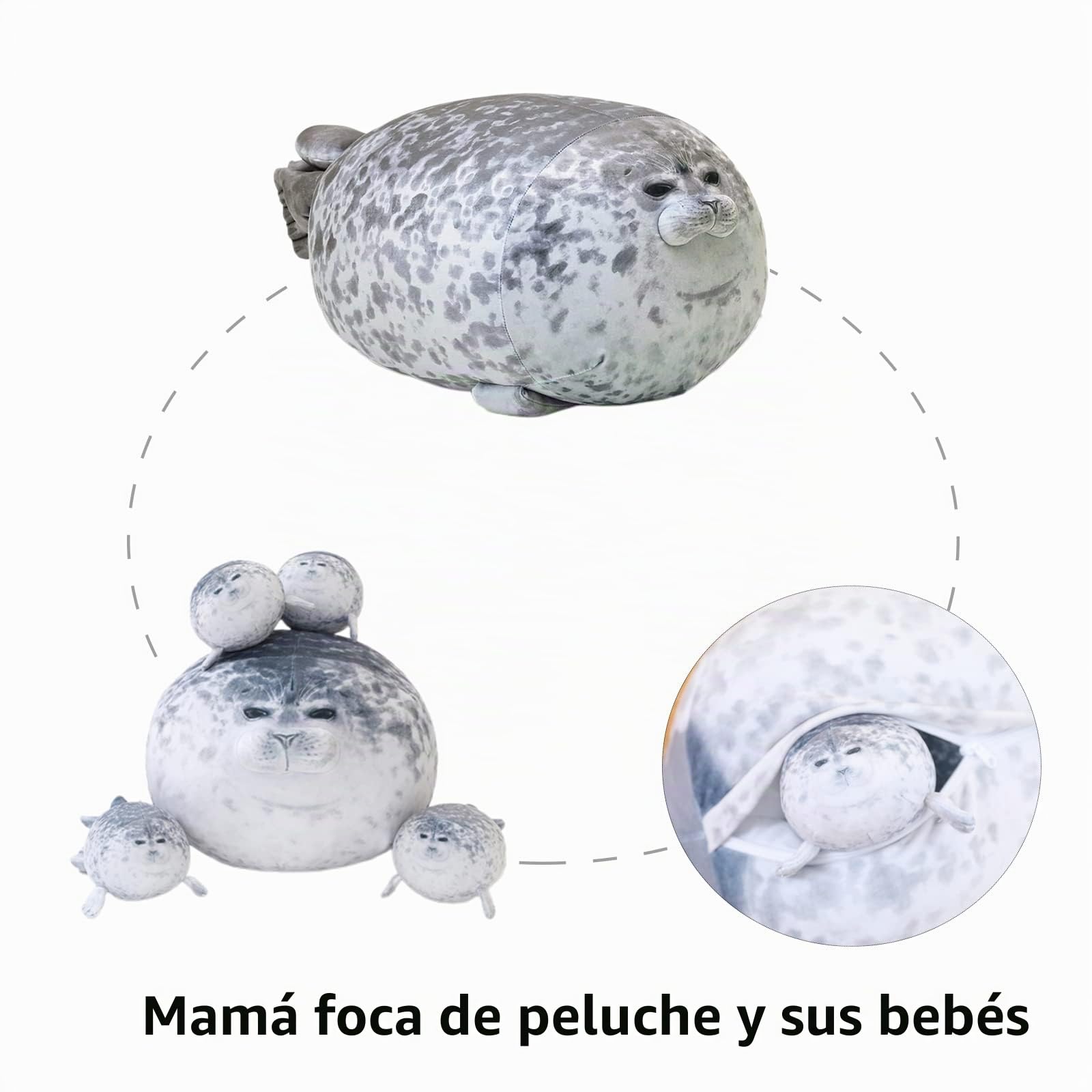 SQEQE Almohada de Foca gordita con 4 Peluches de Foca bebé en su Barriga, Juguete de Peluche de algodón de Peluche de Regalo para niños