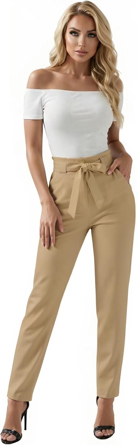 Hybrid & Company Women's Paper Bag Pants Casual Slim High Waist Pants with Bow Knot