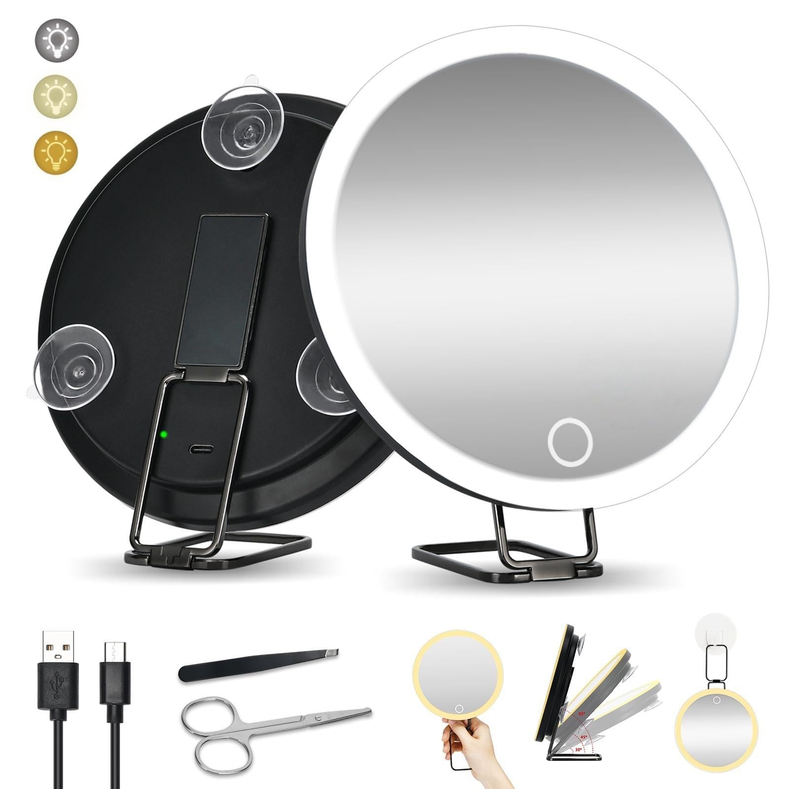 Espejo de aumento con ventosa de luz, espejo de maquillaje LED de primer plano, recargable de 6 pulgadas, 3 modos de color, atenuación de espejo de maquillaje iluminado, soporte de mesa de