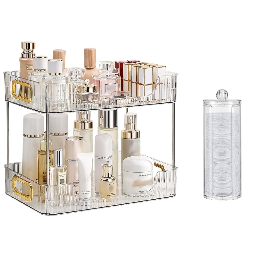 Organizer da bagno a 2 ripiani trucchi mensola per cosmetici prodotti per la cura della pelle porta profumo vassoio da toeletta organizer da cucina e portaoggetti (Vassoio + Portacotone)