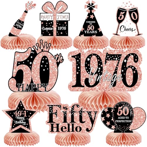 Image of 9Pcs 50th Birthday Decorations Honeycomb Centerpieces for Women, Rose Gold Pink Happy 50th Birthday Centerpieces Tables Toppers Party Decorations Supplies, Vintage 1976 Aged Table Sign Decor