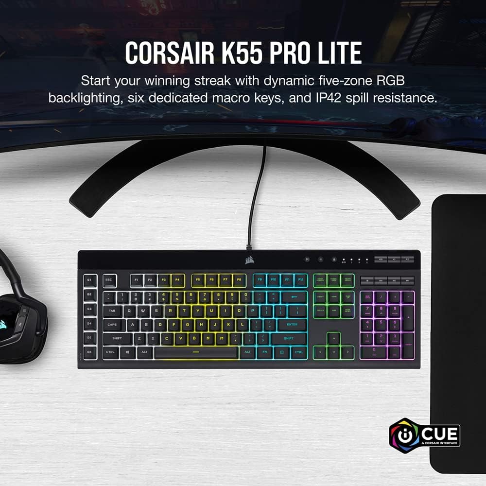 Corsair K55 PRO LITE RGB Wired Membrane Gaming Keyboard (5-Zone Dynamic RGB Backlighting, Six Macro Keys with Stream Deck Integration, IP42 Dust and Spill Resistant, Dedicated Media Keys) Black