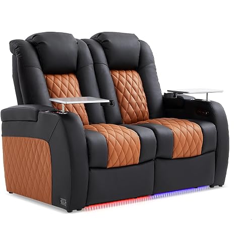 Weilianda Home Theater Seating Top Grain Leather Zero Gravity Recliner Chair Power Headrest Recline Movie Seat Gaming 7 Colors Mood Light Sofa with Tray Table Row of 2 Loveseat Black Camel