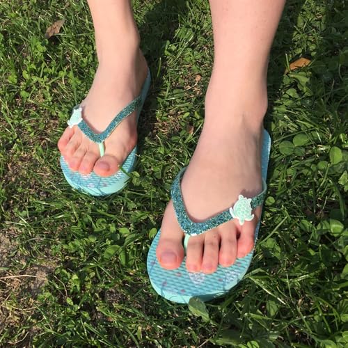 Ataiwee Mädchen Flip Flops - Kinder Strand Tier Obst Print Sommer Zehentrennung Flache Sandalen.(2002001,GN/HG,35 EU)