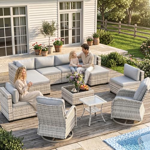 Image of Outdoor PE Wicker Rattan Modular Patio Sectional Sofa Set | 12-Piece: 6 Modular Seats, Coffee Table, 2 Swivel Rocking Chairs, Side Table & 2 Ottomans, Grey