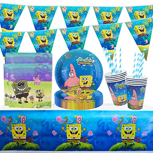 Partygeschirr Geburtstag Party Supplies Set, 52Pcs SpongeBob Kinder Geburtstag Dekoration Set, Partyzubehör, Kindergeburtstag Deko Geschirr Kit Teller Becher Servietten Trinkhalme Tischdecke Wimpel Cover