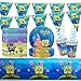 Partygeschirr Geburtstag Party Supplies Set, 52Pcs SpongeBob Kinder Geburtstag Dekoration Set, Partyzubehör, Kindergeburtstag Deko Geschirr Kit Teller Becher Servietten Trinkhalme Tischdecke Wimpel