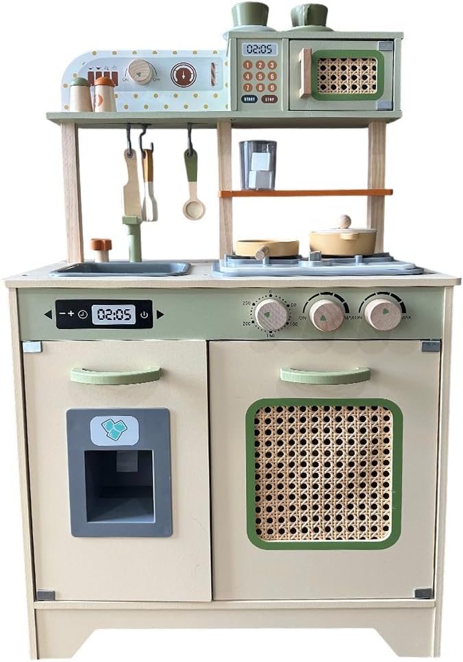 Wooden Play Kitchen for Toddlers, Kids Toy Kitchen Playset with Real Sounds & Accessories, Pretend Play Cooking Set for Girls & Boys Ages 1-3