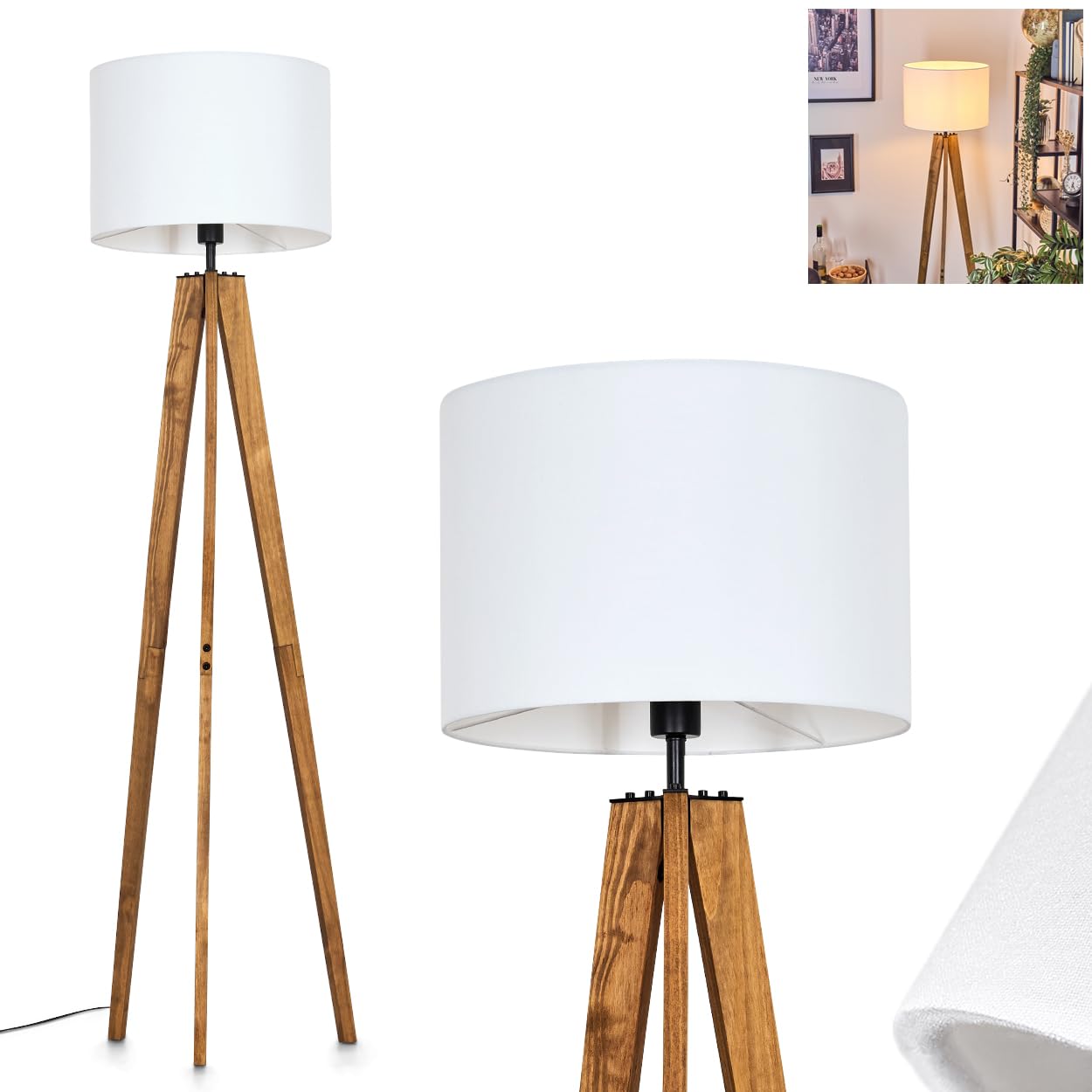HOFSTEIN Stehleuchte Bassagoda, moderne Stehlampe aus Holz/Metall/Stoff in Natur/Schwarz/Weiß, Leuchte im skandinavischen/Boho-Design, Ø 40 cm, Fußschalter, E27, Wohnzimmer, Schlafzimmer