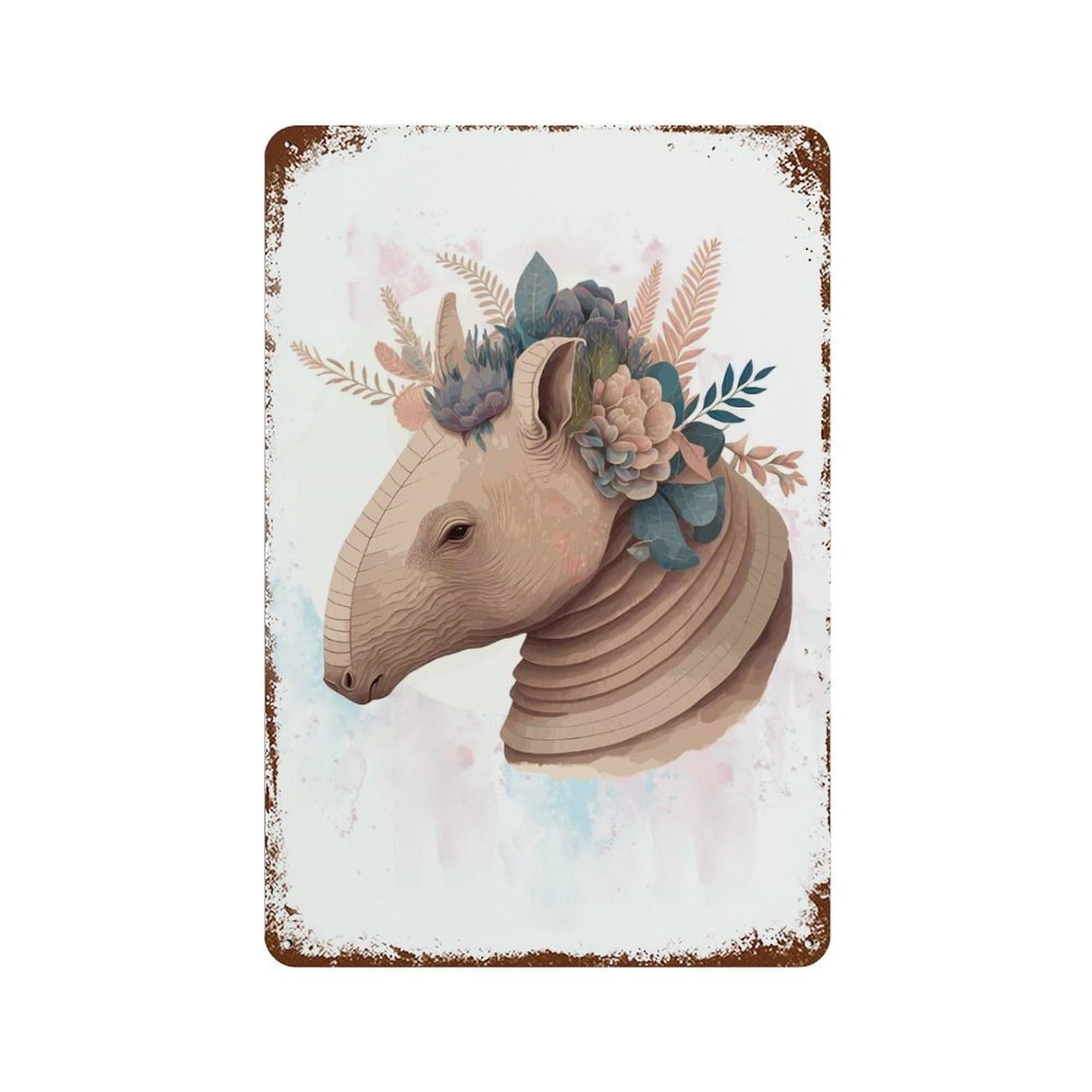 Cute Armadillo Animal Art 11.8"x7.9" Weathered Tin Sign, Shabby Chic Decor for Farmhouse, Kitchen And Entryway Decor