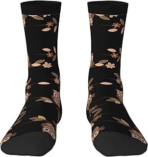 Calcetines deportivos unisex con diseño de búhos de dibujos animados, bloques de color, longitud media, para fitness y actividades al aire libre, Lindos búhos de dibujos animados marrones,