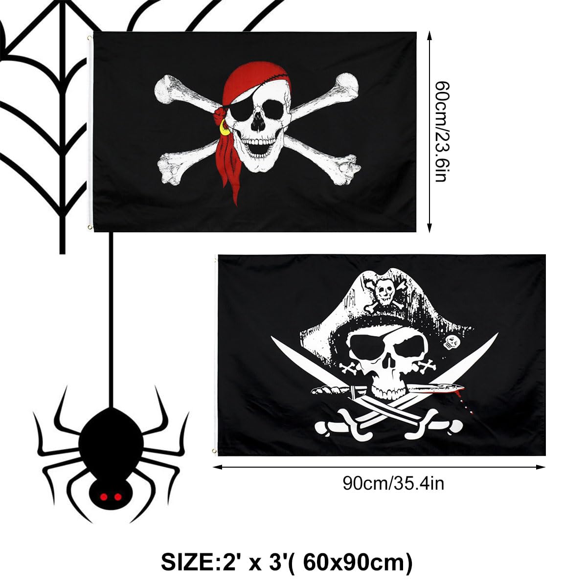 Flaga pirata 60 x 90 cm – wzór trupiej czaszki i noża krzyżowego – 2 sztuki na imprezy Halloween i dekoracje