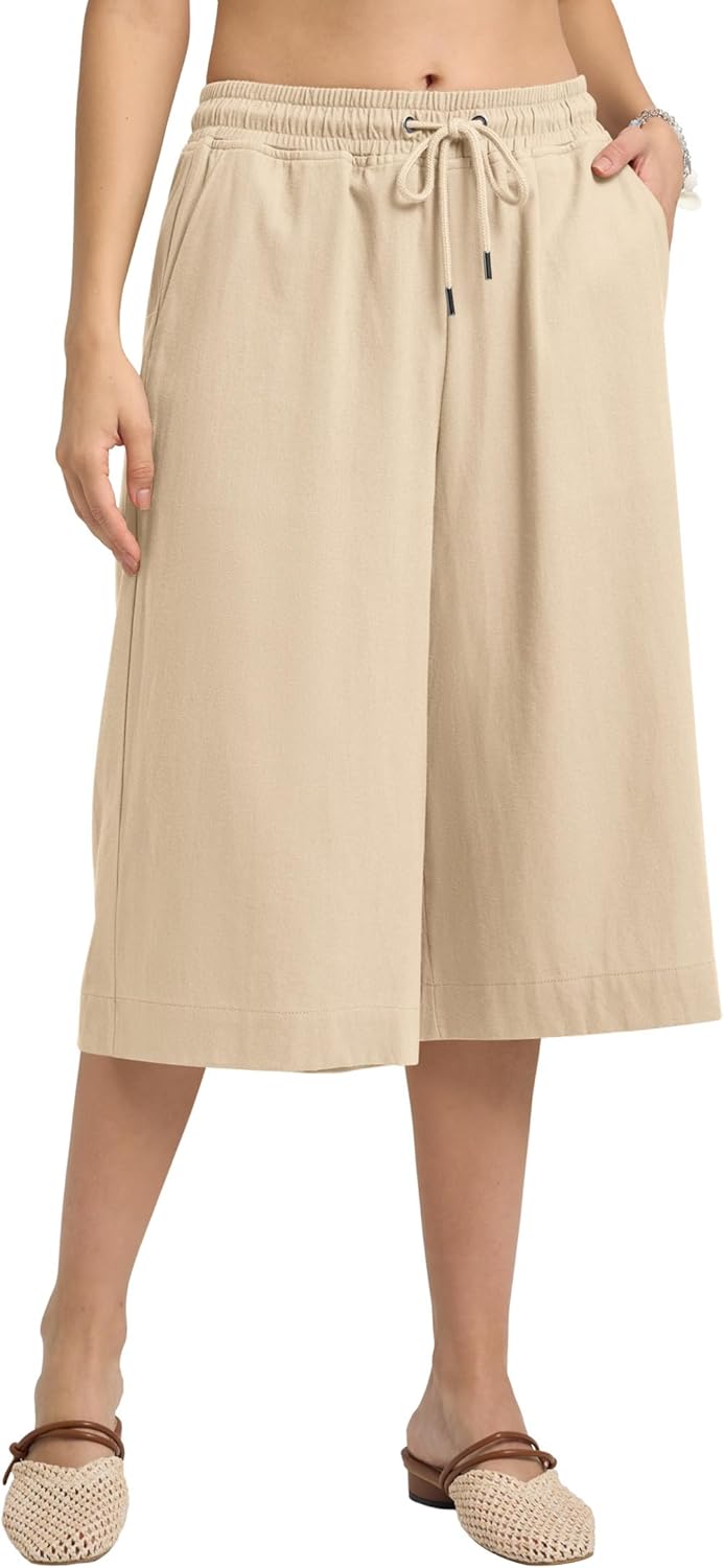 Linen Capri Pants for Women Elastic Waist Drawstrings Casual Wide Leg Linen Pants Women with Pockets - Image 2