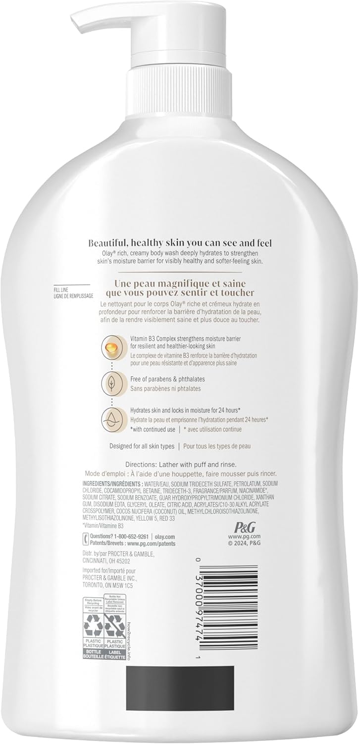 Olay Body Wash for Women, Ultra Moisture, 24hr Moisturizing, Hydrating & Refreshing, B3 Vitamin Complex, Free of Parabens & Phthalates, For All Skin Types, Coconut Oil Scent, 33 fl oz (Pack of 4) - Image 2