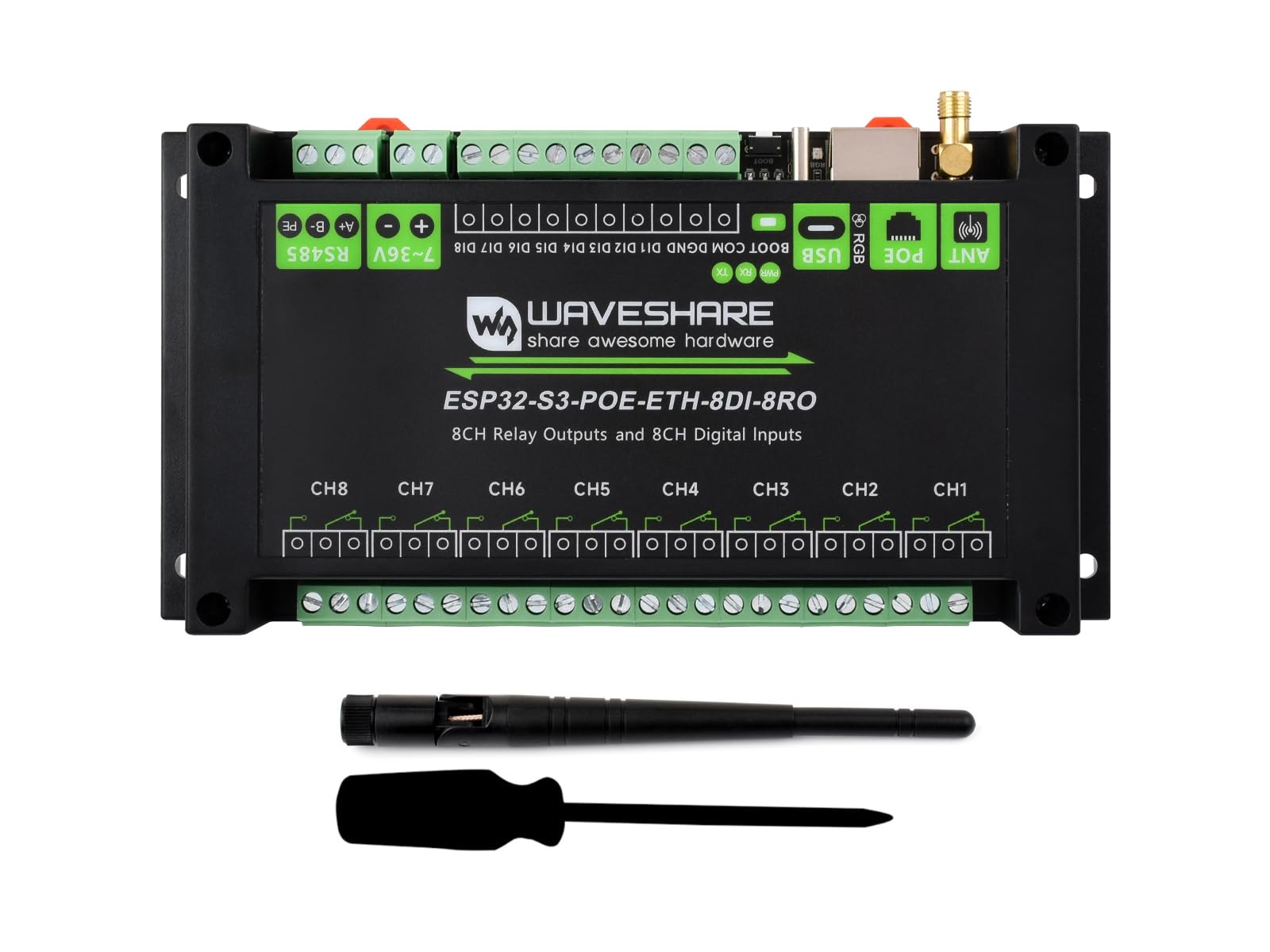 Modulo relè WiFi industriale 8-Ch ESP32-S3, RS485 integrato, ingresso digitale, relè, porta PoE Eth e circuiti di protezione multipli di isolamento, supporta RS485 e telecomando Bluetooth/WIFi