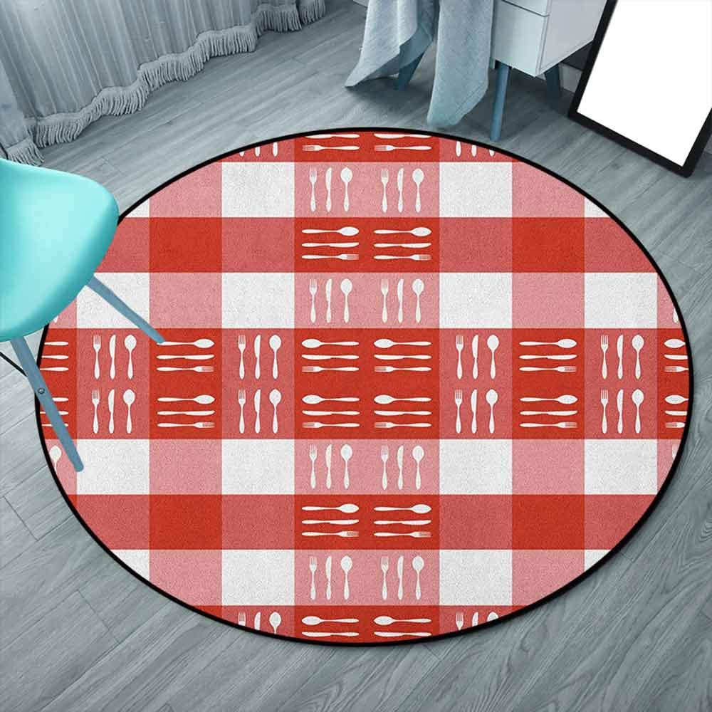 Checkered Super Cozy Bedroom Rug Carpet 3'7" Round, Coral Dark Coral White, Cutlery Silhouettes on Squares Dining Picnic Tile Spoons Forks Knives, Provides Protection and Cushion for Floors 110x110cm