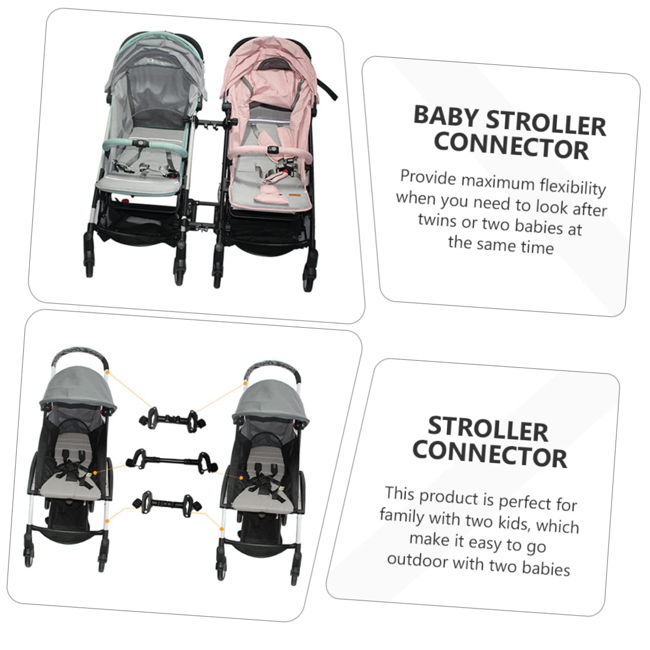 TOYANDONA Lot de 3 Connecteurs Solides pour Poussettes en Fer et Plastique, Adaptateur pour Poussettes Doubles, Usage Extérieur, pour Familles Deux Garçon et Filles